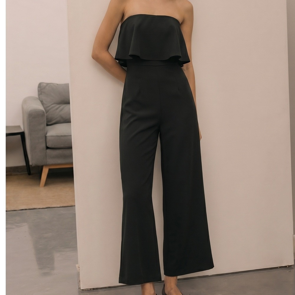 Crystal Sky Strapless Black Classy Flounce Pant Jumpsuit NWT XS